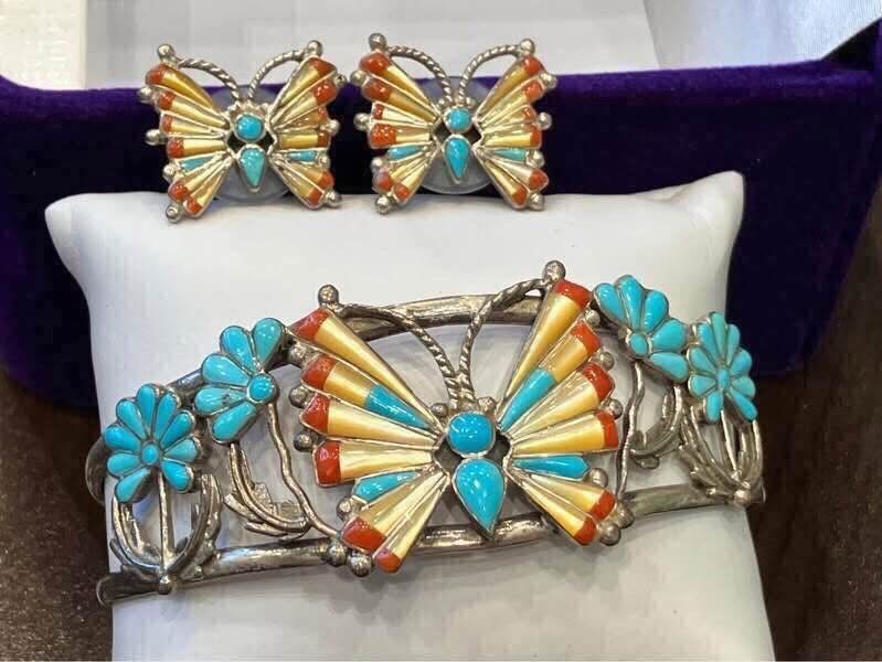 Incredible Sterling Silver 3D gemstones Butterfly Cuff Bangle Bracelet w/ matching earrings