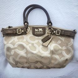 COACH Cream and Brown Signature Satchel with Leather Accents