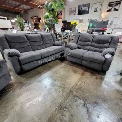 2 PCS GRAY RECLINING SET, SOFA NAD LOVESEAT GREY [EASY CARE FABRIC] -NEW-