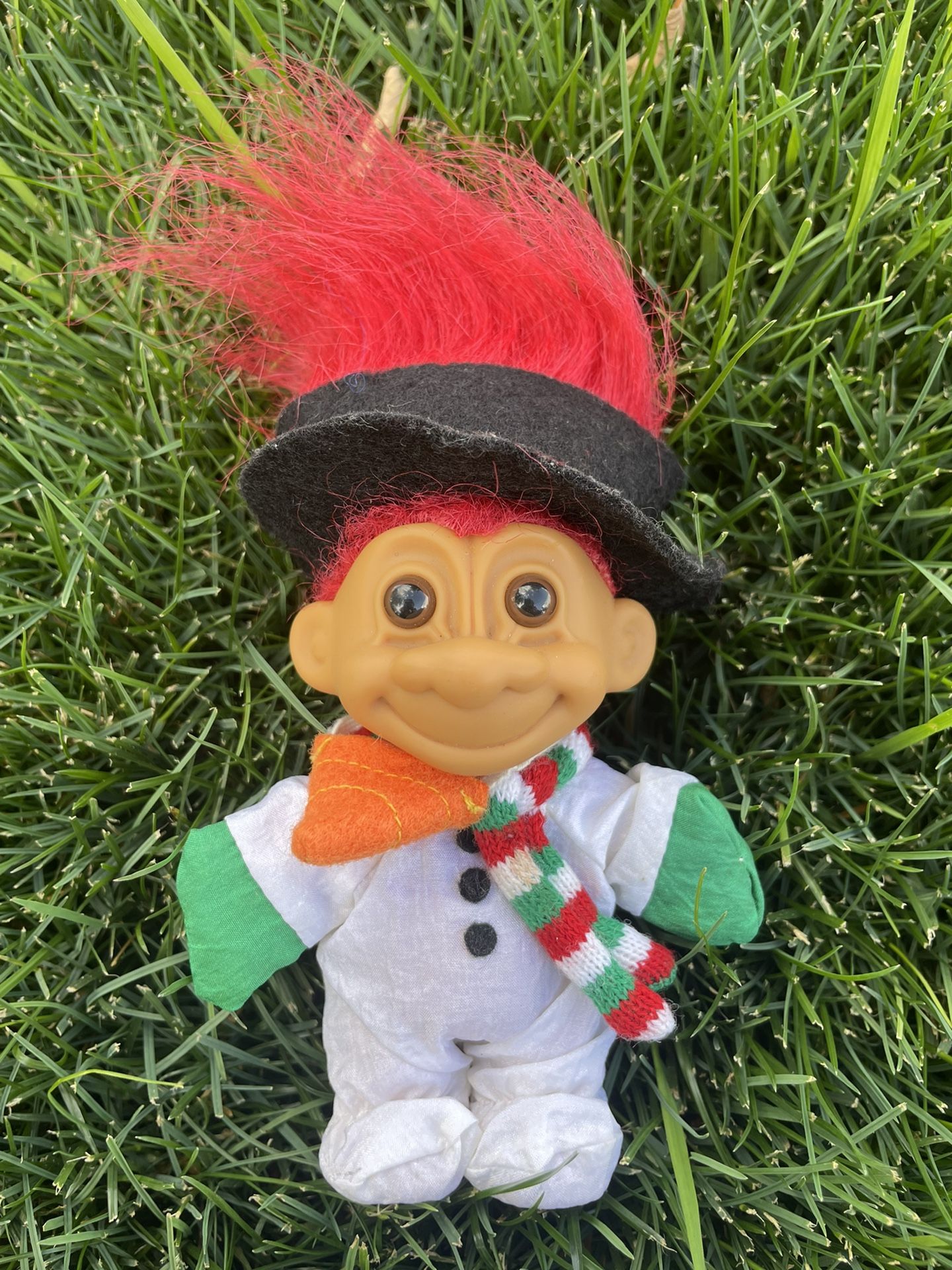 Vintage Russ Snowman Suit Troll Doll w/ Christmas Scarf Hat Nose W/Red Hair