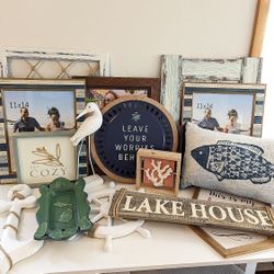 Moving sale nautical decor items 
Picture frames, wood and metal wall signs 