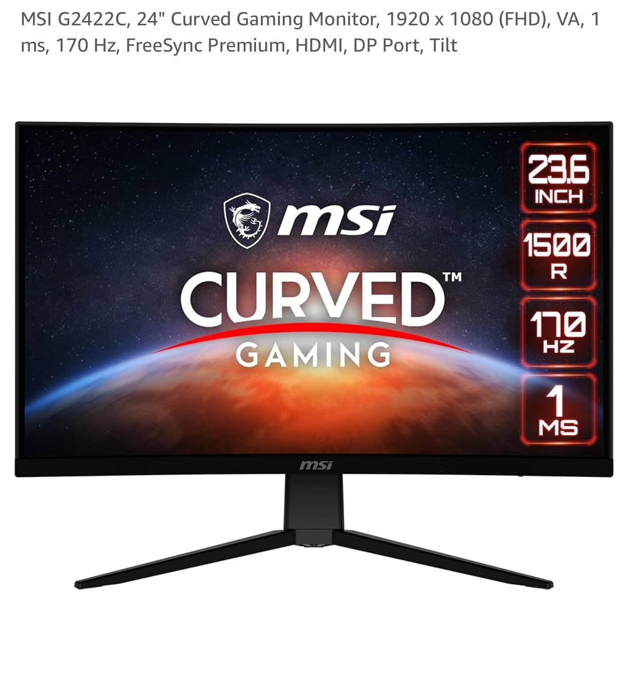 MSI G2422C, 24" Curved Gaming Monitor, 1920 x 1080 (FHD), VA, 1 ms, 170 Hz, FreeSync Premium, HDMI, DP Port, Tilt