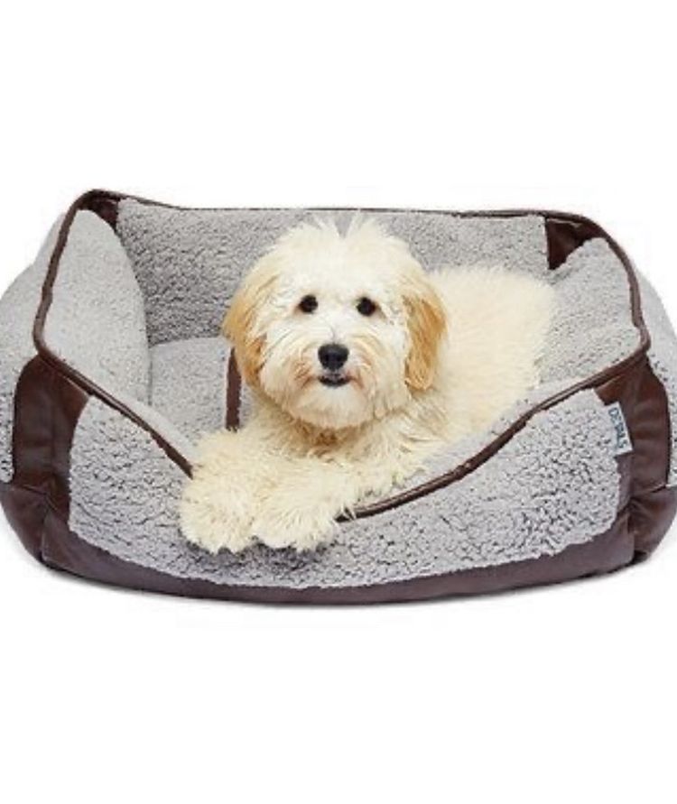 Precious Tails Brown Faux Leather Trim with Gray Sherpa Rectangular Pet Bed Cuddler, Gray-Brown