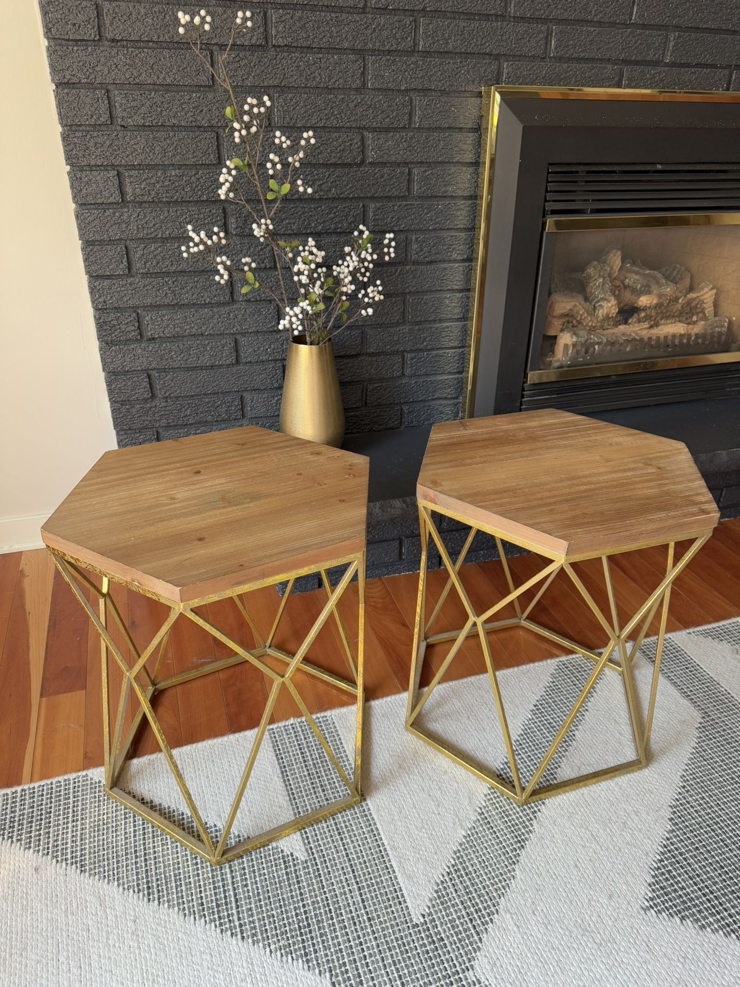 End Tables Hexagonal Wood Top Gold Metal Frame