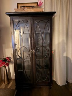 Black Wood Display Cabinet with Glass Doors