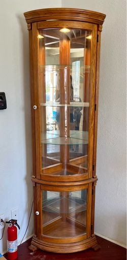 Oak Corner Curio Cabinet with Glass Shelves