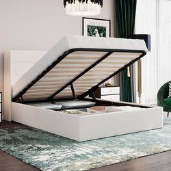 Full Size Lift Up Hydraulic Storage Bed Frame White Modern Wingback Headboard, Upholstered Platform Bed Frame, Hydraulic Underneath Storage, No Box Sp