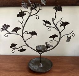Vintage jewelry stand. Bird and nest tree heavy metal.
