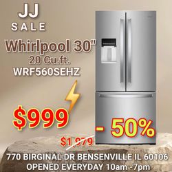 ❄️New Whirlpool 30" 20 Cu.ft Wide French Door Refrigerator Fingerprint Resistant Stainless Steel WRF560SEHZ