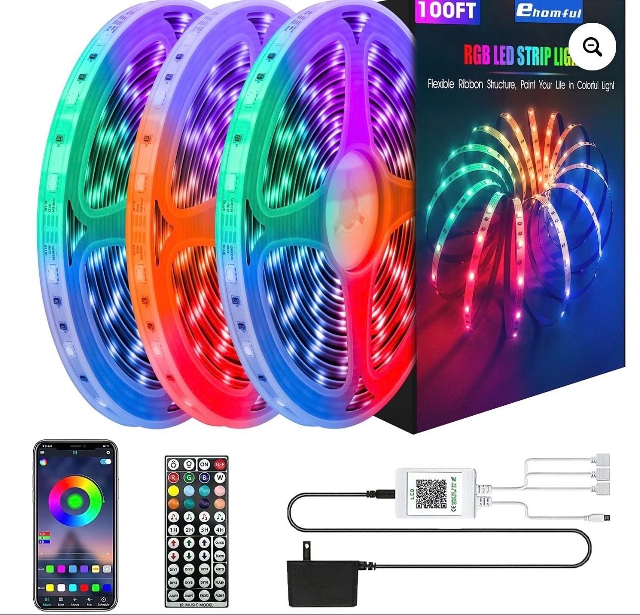 100ft LED Light for Bedroom RGB 5050 Led Strip Light with Music Color Changing and App Control for Bedroom,Music Sync Color Changing DIY for Room, Hom
