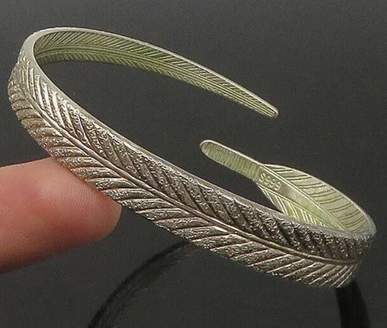 Sterling Silver Adjustable Feather Cuff Bangle Bracelet or Arm Band