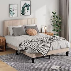 Bed Frames, Queen Bed Frames with Linen Upholstered Headboard, Without Box Spring Needed, Easily Assembly with Sturdily Wood, Withoutn-Slip Without No