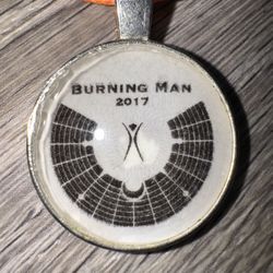 Burning Man 2017 Pendant Necklace Orange Cord Round Silver Tone Festival Gift