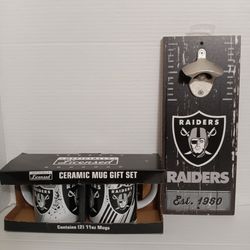Las Vegas Raiders Ceramic Mug Gift Set and Wooden Bottle Cap Opener Sign