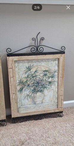 Two Large Potted Palm Tree Regency Wall Art- A Pair with Wrought Iron Accents -  28 x 24