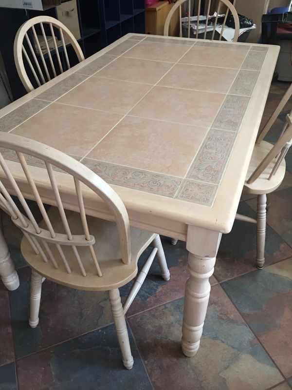 Kitchen table with 4 chairs solid wood with inlaid tile top. for Sale