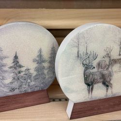 Beautiful ceramic Christmas Trees And Deer With Wood Base $7 EACH