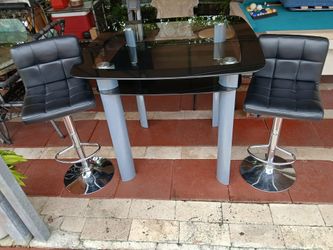 Glass Top Bar Table with 2 Swivel Bar Stools