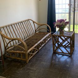 Rattan Bamboo Vintage Bench And Coffee Table 
