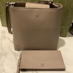 Tory Burch Emerson Medium Tote Saffiano Leather Brown with Wallet $577