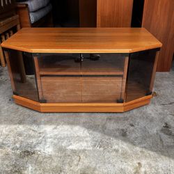 Vintage Mid Century Modern Teak & Smoked Glass Rolling Media Stand