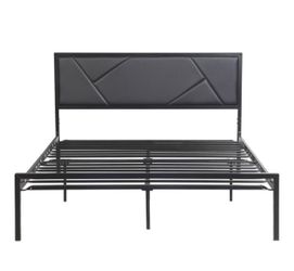 Black Metal Platform Bed Frame with Upholstered Headboard