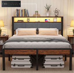 Queen Bed Frame with 18-Inch Under-Bed Storage and RGB LED Lights, Heavy Duty Metal Platform Bed with 2-Tier Storage Headboard & Charging Station, Noi