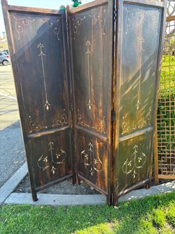 Vintage-Antique European Wood Inlay Marquetry Folding Screen – Handcrafted Three Panel Room Divider