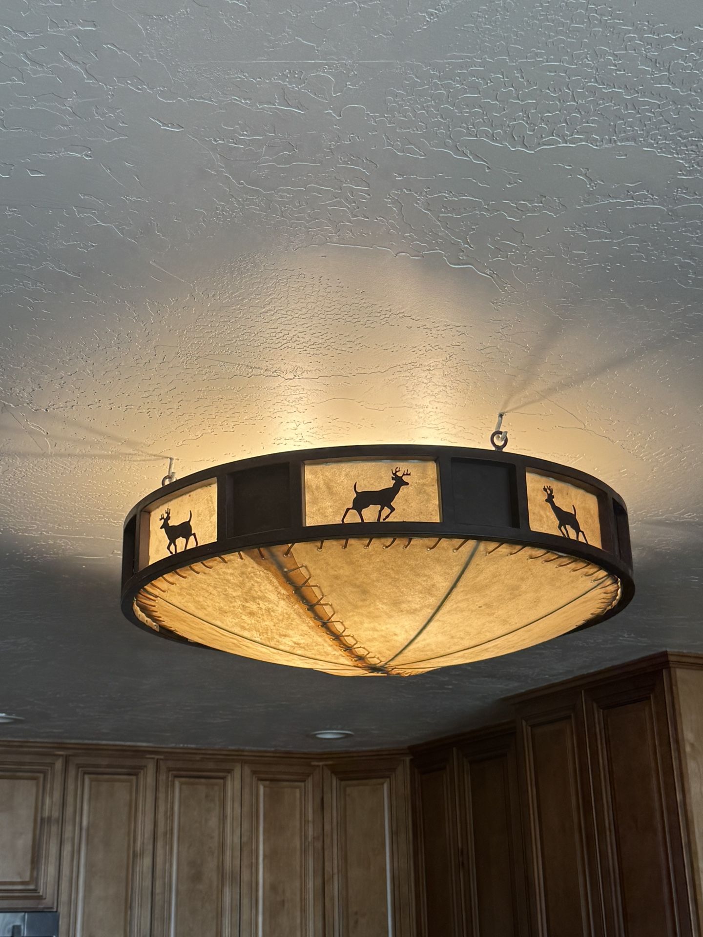 Large Metal and Hide Deer Ceiling Mount Light