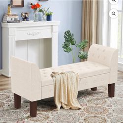 Andeworld Upholstered Storage Bench with Arms Ottoman Bench for Bedroom Entryway Living Room Beige