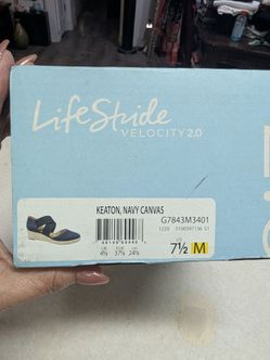 LifeStride Keaton Wedge Sandals Navy Canvas Size 7.5