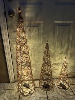Set of 3 Lighted Rattan Cone Christmas Trees