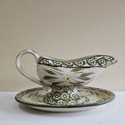Temp-tations Old World Green Gravy Boat + Underplate - Discontinued Collectible