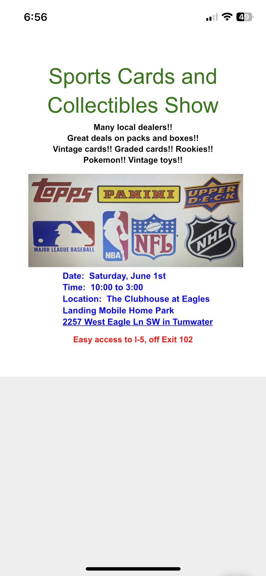 Tumwater Sports Cards Show  June 1st 10-3