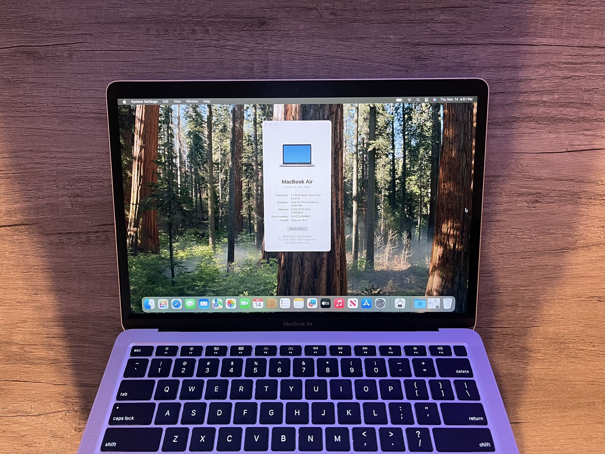 2020 13” MacBook Air: 1.1Ghz i5, 8GB RAM, 256GB SSD