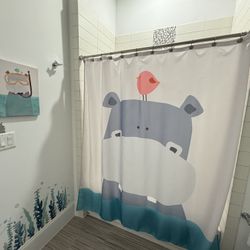 Hippo Bathroom Set – Wall Art + Shower Curtain