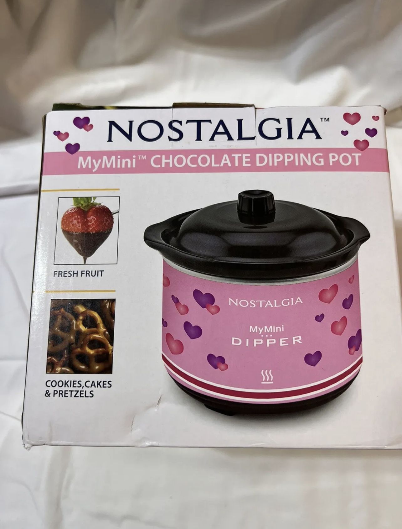 NOSTALGIA My Mini Chocolate Dipping Pot W/ Lid & Pink Heart Design 20 Oz NEW.