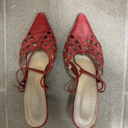 Vintage Red Leather Slingback Heeled Sandals
