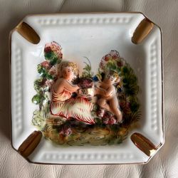 Vintage Capodimonte Cherub Floral Porcelain Square Ashtray 3D with Gold Trim