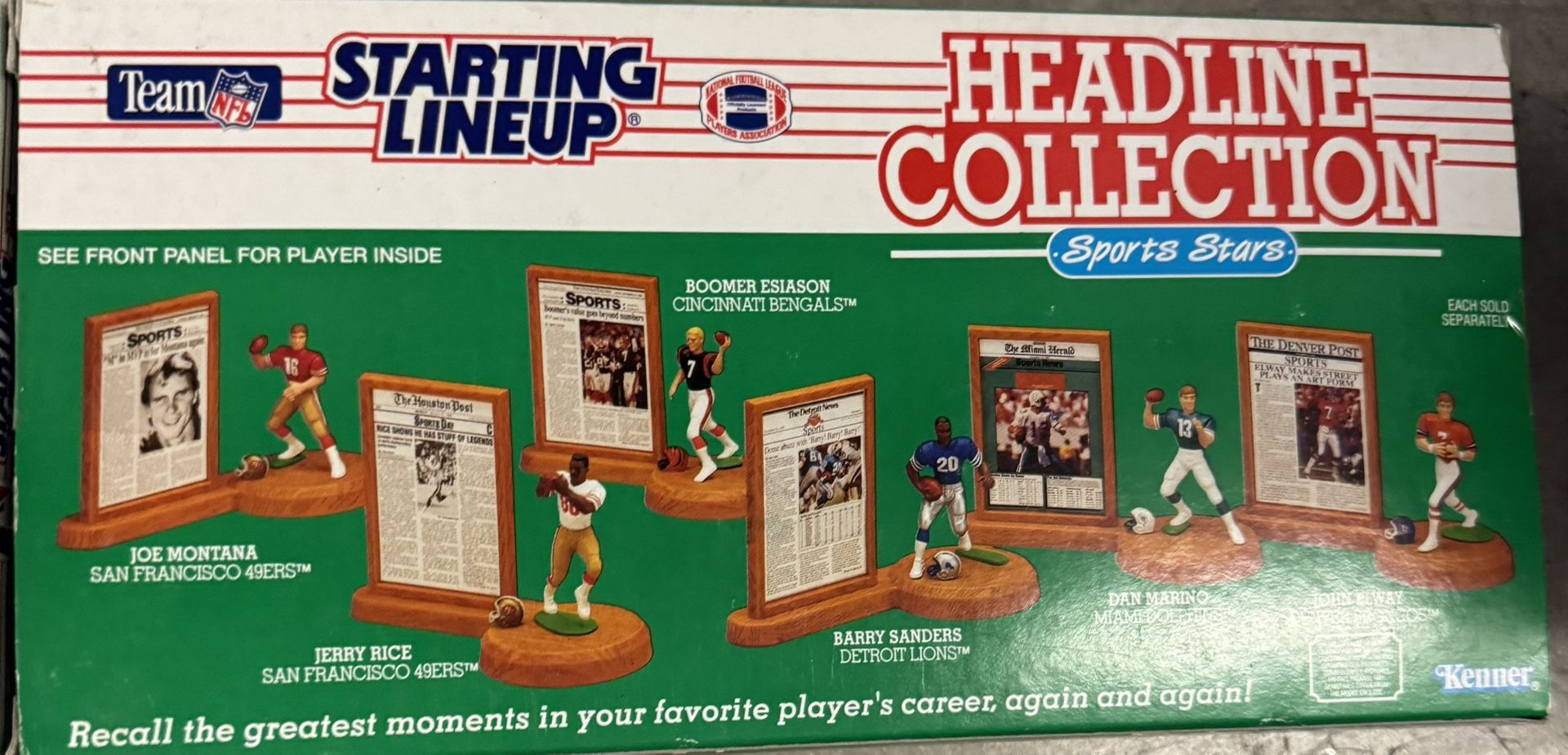 For sale: 1992 Kenner Starting Lineup Headline Collection Sports Stars action figure set. This vintage collection features legendary NFL players: Joe