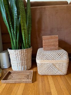 Rattan & Woven Home Decor Set: Tissue Box, Tray, Lidded Box & Planter Basket