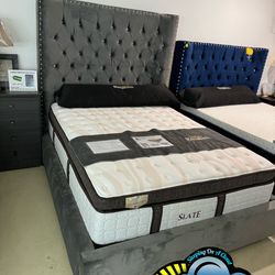 Queen velvet bed set mattress and Diamond headboard