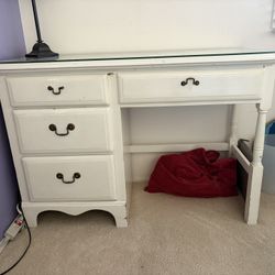 Wood Student Desk With Thick Glass Top.