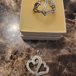 Sterling Diamond Heart Ring Pemdant Set 