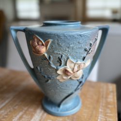 Roseville Pottery Blue Magnolia Vase 94-9, 9” Tall Double-handled, 1943