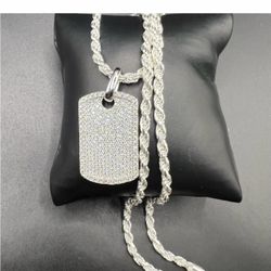 925 Sterling Silver 3.90CT MOISSANITE Dog Tag Chain men’s Necklace Size 24”