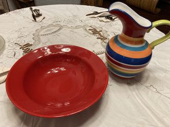 Red Bowl And Pitcher Set