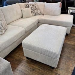 Brand new ivory color corduroy Sectional Sofa with usb charging and storage ottoman