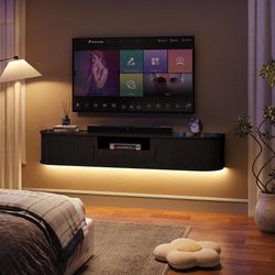 70" Floating TV Stand with Drawer for TVs up to 80", Black Entertainment Center with LED Lights, Mid-Century Modern TV Console w/Outlet&App Control, F