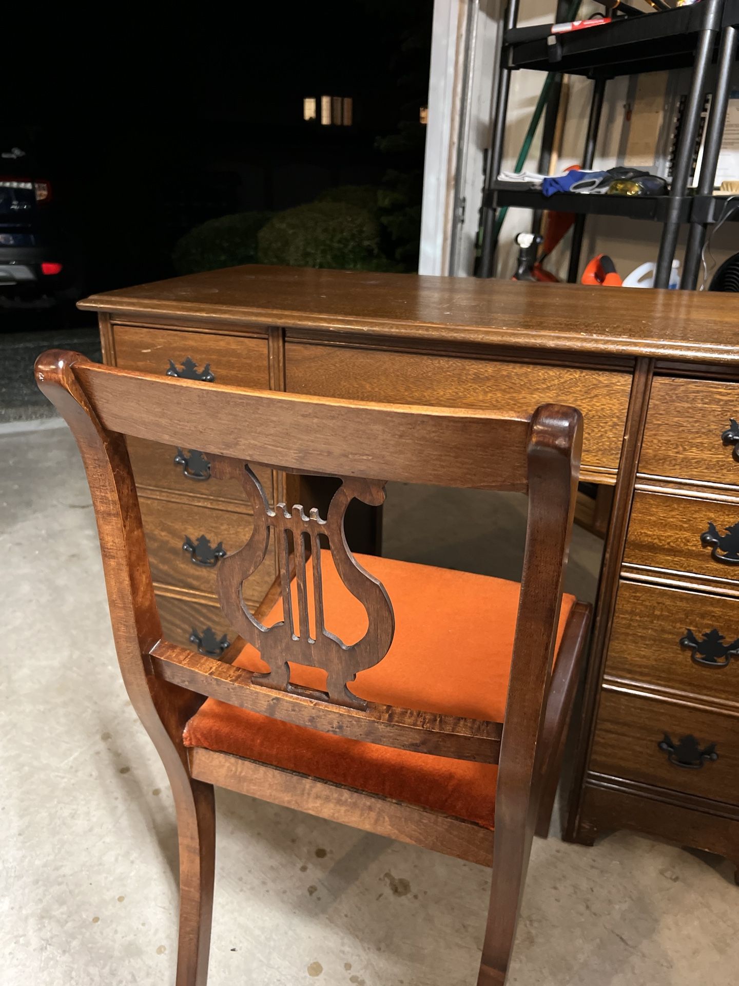 Vintage 1940’s Kids desk and chair dark wood with orange velvet seat 43” wide x 31” tall x 21” deep